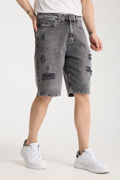 muzzo jeans High Waist 100% Cotton Light Gray Denim Shorts with Ripped Detail