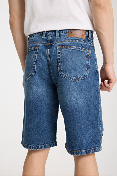 muzzo jeans Ψηλόμεσο 100% βαμβακερό σκισμένο λεπτομερές σκούρο μπλε τζιν σορτς