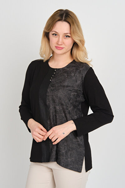 Detay Triko Women's Faux Leather Detailed and Patterned Long Sleeve Blouse 4553 Black