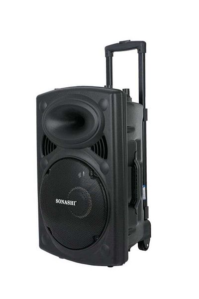 sonashi Rechargeable Trolley Speaker System With Remote Control And Microphone USB/Bluetooth/SD Card Slots A