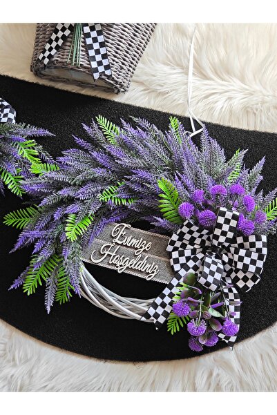 Serçeden Lavanta Çiçekli Bambu Çelenk Kapı Süsü, Paspas, Sepet, 3 Lü Takım