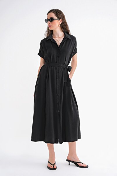 Mixray 4699 Kadın Düşük Kol Düğmeli Kuşaklı Elbise Siyah
