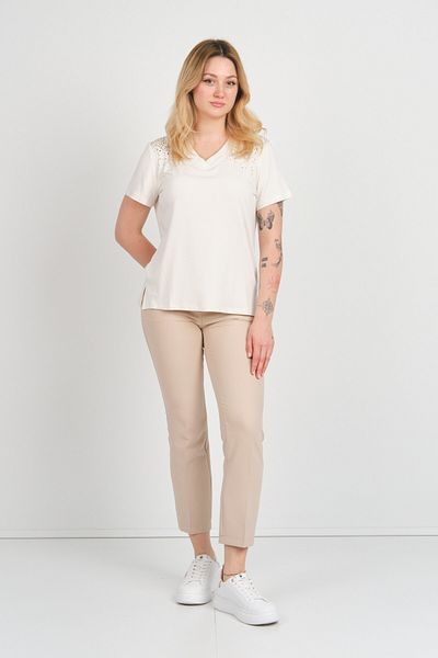 ELLA CAMELIA Women's V-Neck Stone Decorated Short Sleeve Blouse 24E022 Ecru