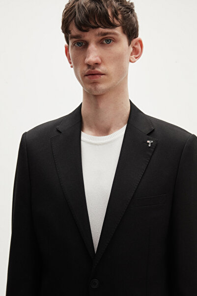 Tween Slim Fit Siyah Armürlü Yünlü Takim Elbise