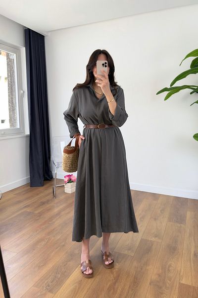 BİRCANÇİL Benis Anthracite Premium Belted Dress