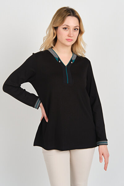 Detay Triko Жіноча блуза з V-подібним вирізом і камінням на комірі, довгі рук...