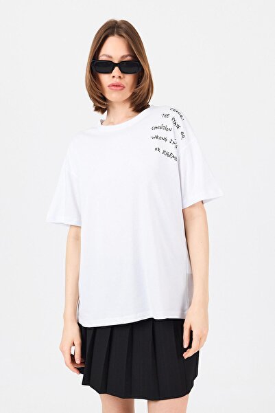 Rays Λευκό στήθος με στάμπα βαμβακερό μπλουζάκι Oversize 2150-31M