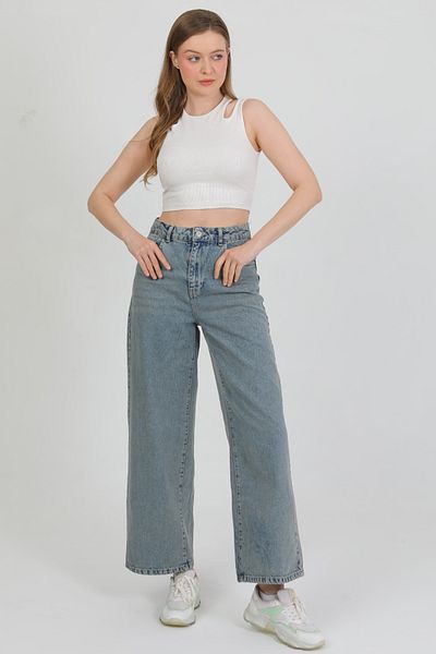 happinice Women's Blue Midi Length Wide Leg Jeans