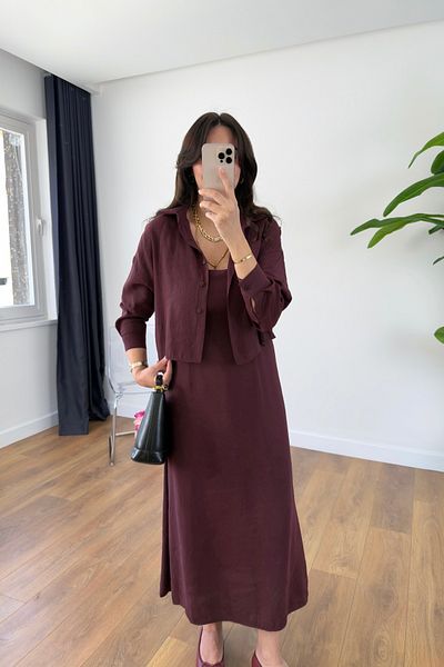 BİRCANÇİL Monisa Burgundy Shirt Rope Strap Dress Set