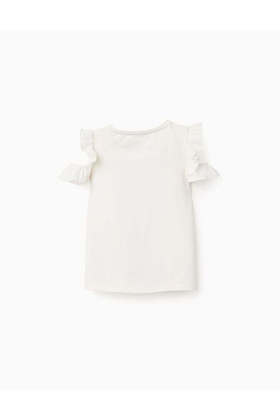 Ziddy T-shirt with Embroidery and Ruffles on the Shoulders for Girls, White