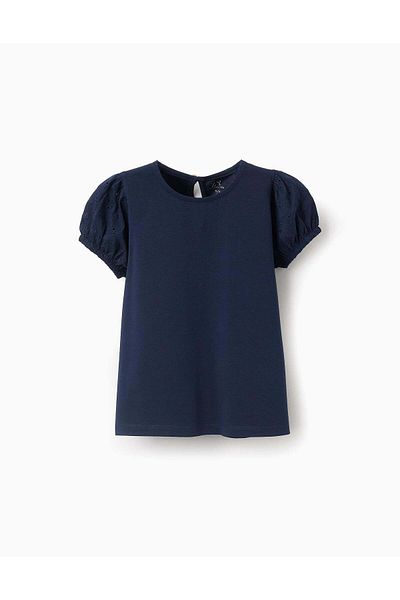 Ziddy T-shirt with Broderie Anglaise Sleeves for Girls, Dark Blue