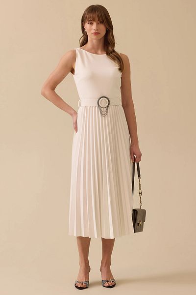 SEÇİL Seçil Women's Buckle Belt Detailed Pleated Midi Dress 0024 Ecru