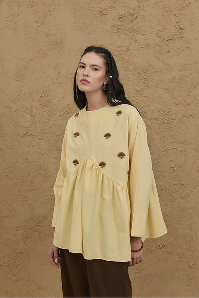 Fahhar Embroidered V-Neck Shirt Yellow