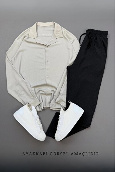 NO 601 Set de pantaloni negri pentru bărbați, cămașă încrețită gri