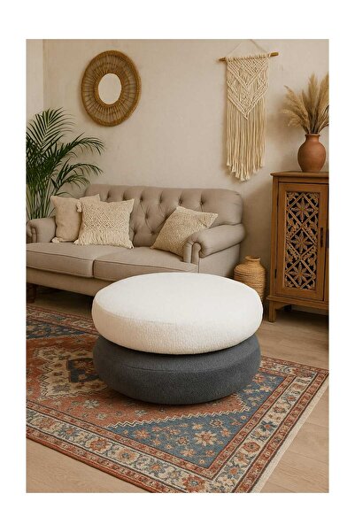 schane home Yuvarlak BEYAZ&GRİ YerMinderi 55 cm FERMUARLI Konforlu Oturum Yumuşak Kumaş İÇ VE DIŞ KULLANIM