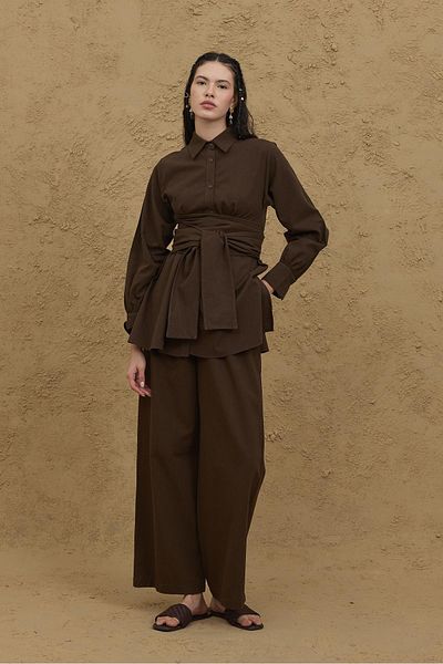 Fahhar Wide Belted Linen Shirt Bitter Brown