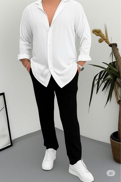 NO 601 Men's White Wrinkled Shirt Black Trousers Set