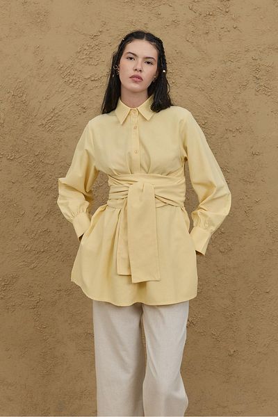 Fahhar Wide Belted Linen Shirt Yellow