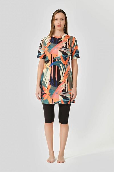 Bordomix 24712 Women's Black Leaf Patterned Short Sleeve Semi Covered Swimsuit