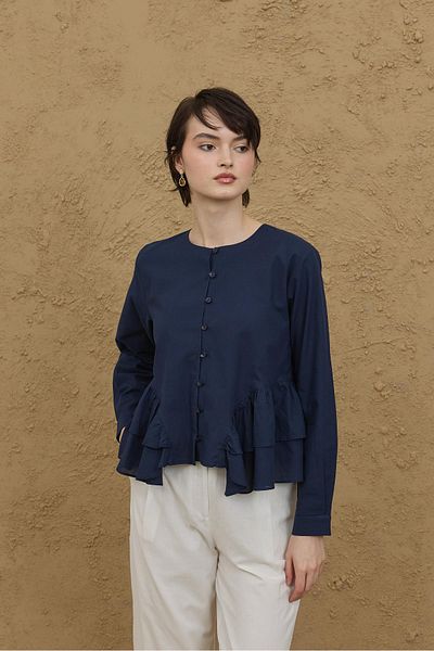 Fahhar Side Flounce Detailed Shirt Navy Blue
