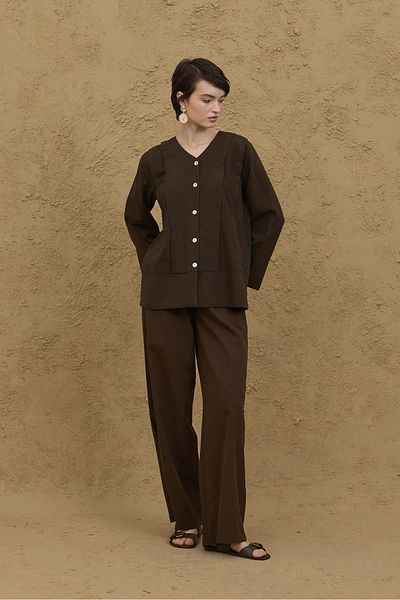 Fahhar Ribbed Kimono Shirt Dark Brown