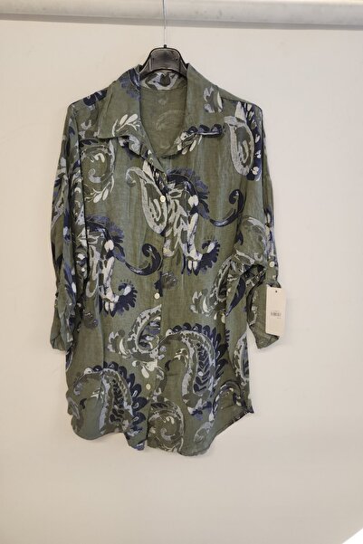 della moor Khaki Women's Italian Shawl Pattern Foldable Low Sleeve O Oversized Linen Shirt Tunic