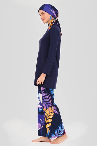 Bordomix 24613 Women's Navy Blue Floral Patterned Stylish Hijab Swimsuit