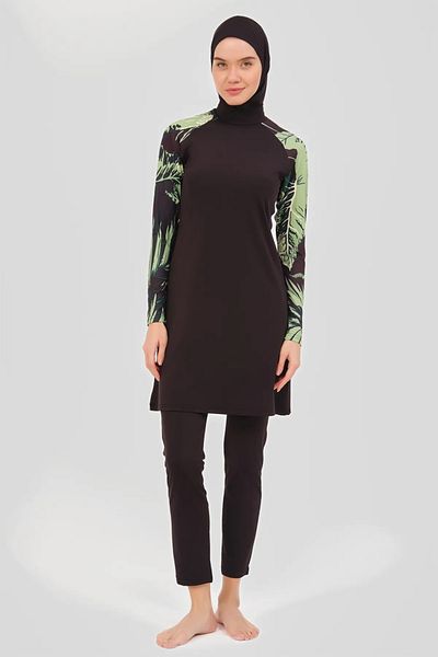 Bordomix 24624 Women's Black Tulle Pareo Floral Patterned Hijab Swimsuit