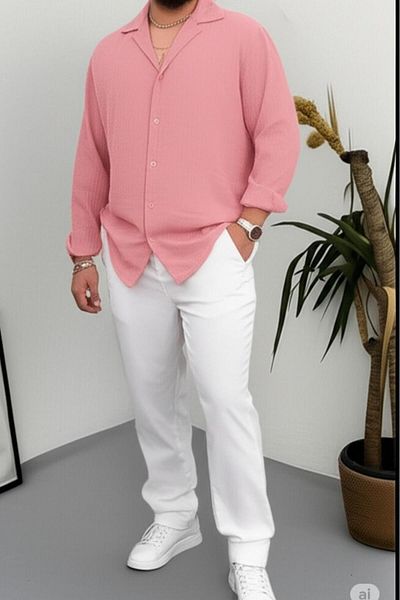 NO 601 Men's Pink Wrinkled Shirt White Trousers Suit