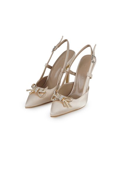 Letafia Loretta Beige Metal Bow Detailed Heeled Shoes