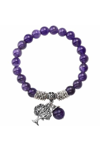 craftmystic Bratara din pietre semipretioase 8mm Ametist- Pandativ cu Arborele vietii