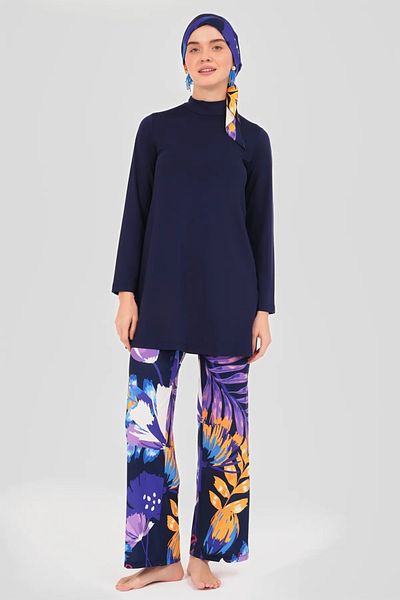 Bordomix 24613 Women's Navy Blue Floral Patterned Stylish Hijab Swimsuit