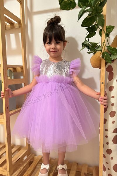 penu baby kids فستان بناتي - أرجواني، بدون أكمام، مزين بالترتر وتنورة من التول
