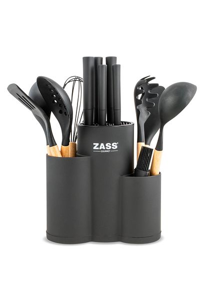 Zass Gourmet Zg-ks 08 Set de cuțite și ustensile de bucătărie cu 14 piese, suport cu 3 compartimente, negru