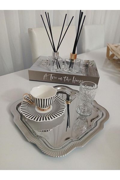 SEFHOME Luxurious Patterned Edge-Coated Daisy Square Model Silver Serving, Tea, Coffee Presentation Tray