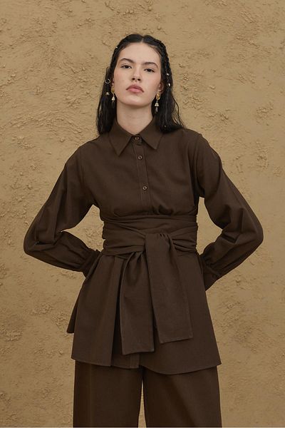 Fahhar Wide Belted Linen Shirt Bitter Brown