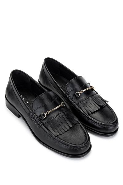 Tamer Tanca Women's Genuine Leather Black Leather Loafer Shoes