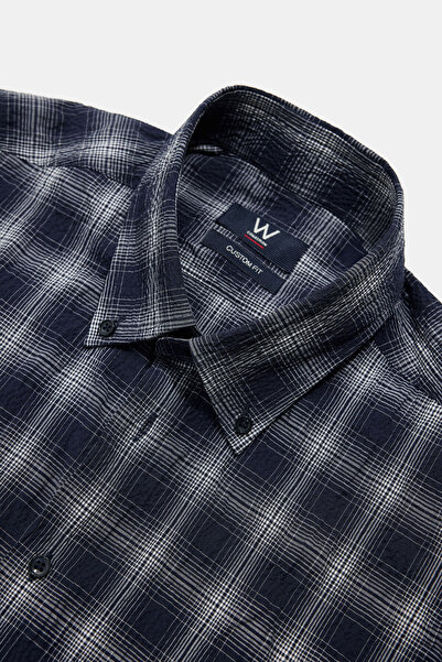 W Collection Dark Blue Long Sleeve Plaid Cotton Elastane Shirt