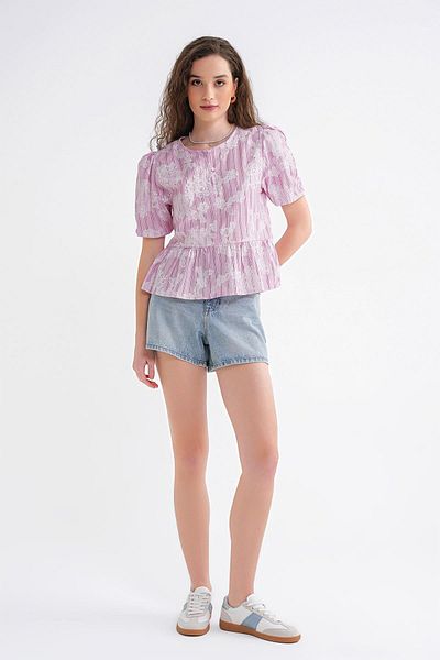 Mixray 4701 Γυναικεία φλοράλ εμπριμέ μπλούζα Peplum Ροζ