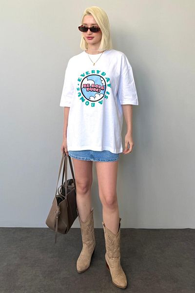 Madmext Weißes bedrucktes Oversize-T-Shirt für Damen Mg948