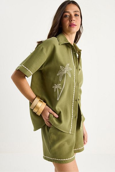 Bianco Lucci Women's Palm Embroidered Comfortable Shirt Pocket Detailed Shorts Muslin Bottom-Top Set G28-4884 60283359