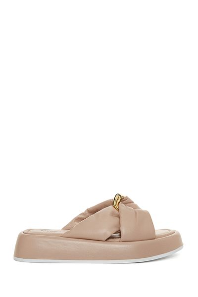 Derimod Women's Beige Buckle Detailed Leather Slippers 25Sfd 130018