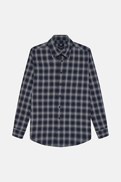 W Collection Dark Blue Long Sleeve Plaid Cotton Elastane Shirt