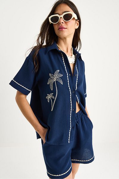 Bianco Lucci Women's Palm Embroidered Comfortable Shirt Pocket Detailed Shorts Muslin Bottom-Top Set G28-4884 60283359