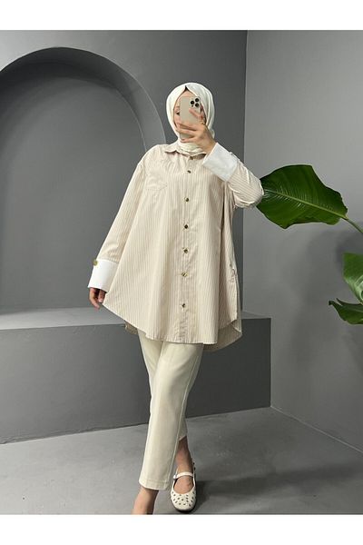 Modamorfo Metal Buttoned Belted Striped Tunic -Beige