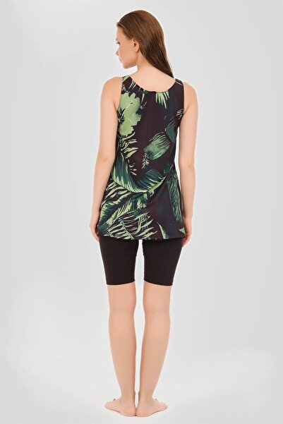 Bordomix 24902 Women's Black Green Leaf Patterned Sleeveless Tights Swimsuit