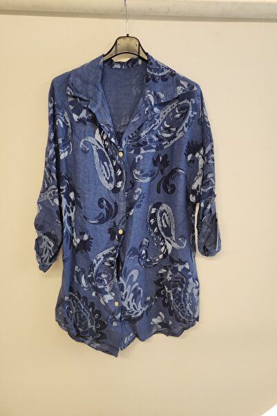 della moor Blue Women's Italian Shawl Pattern Foldable Low Sleeve O Oversized Linen Shirt Tunic