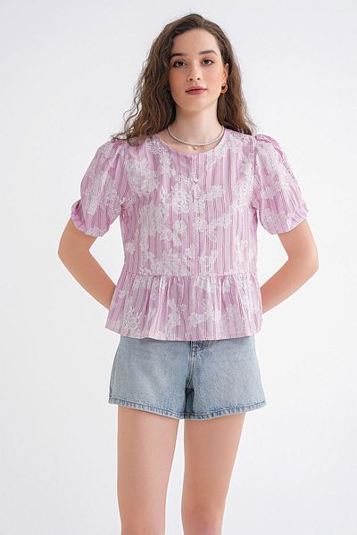 Mixray 4701 Γυναικεία φλοράλ εμπριμέ μπλούζα Peplum Ροζ