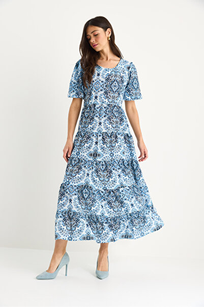 Bianco Lucci Rochie lungă cu textura de in pentru femei, cu gât rotund, cu mâneci cu balon 3033 60283360