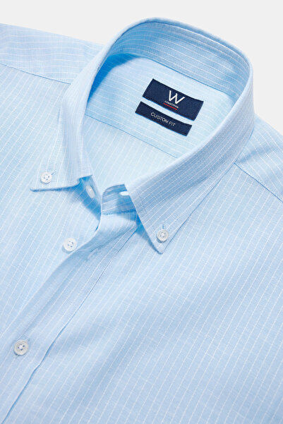 W Collection MAVİ UZUN KOLLU ÇİZGİLİ PAMUK/KETEN GÖMLEK
